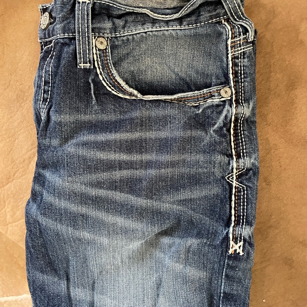 Ariat Men's M4 Distressed 33 30 Low Rise Bootcut Jeans White and Leather Accent - Picture 4 of 4